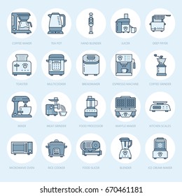 Kitchen small appliances line icons. Household cooking tools signs. Food preparation equipment - blender, coffee machine, microwave, toaster, meat grinder. 