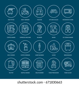 Kitchen small appliances line icons. Household cooking tools. Food preparation equipment - blender, coffee machine, microwave, toaster, meat grinder. Thin linear signs for electronics store.