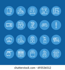 Kitchen small appliances line icons. Household cooking tools signs. Food preparation equipment - blender, coffee machine, microwave, toaster, meat grinder. Thin linear signs for electronics store.