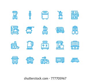 Kitchen small appliances line icons. Household cooking tools signs. Food preparation equipment - blender, coffee machine, microwave, toaster, grinder. Signs for electronics store. Pixel perfect 64x64.