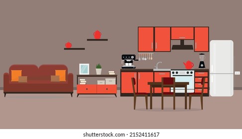 kitchen with sofa table and shelves apartment interior