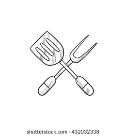 Kitchen spatula and big fork vector sketch icon isolated on background. Hand drawn Kitchen spatula and big fork icon. Kitchen spatula and big fork sketch icon for infographic, website or app.