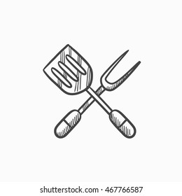 Kitchen spatula and big fork vector sketch icon isolated on background. Hand drawn Kitchen spatula and big fork icon. Kitchen spatula and big fork sketch icon for infographic, website or app.