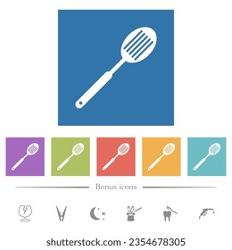 Kitchen spatula flat white icons in square backgrounds. 6 bonus icons included.