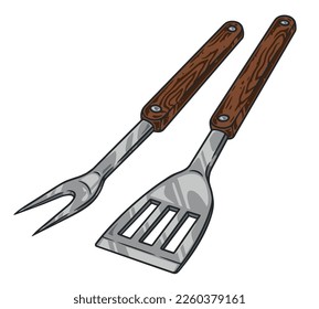 Küchenspatel und Gabelwaschmarken bunt mit Holzgriffe auf Metallbasis zur Verwendung bei der Fleischzubereitung, Vektorgrafik