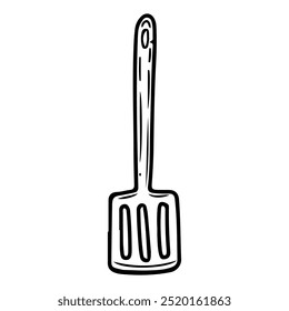 Kitchen spatula hand drawn doodle. Device for mixing and shifting ingredients when cooking. Stirring food. Spoon with holes. Tableware utensils appliance. Vector sketch line art illustration.