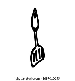 Küchenspatel. Tinte und Pen-Zeichnung. Schwarze, dünne Linien auf weißem Hintergrund. Vektorillustration-Illustration im Doodle-Stil. Eine schnelle Skizze für kulinarisches und Restaurantdesign.