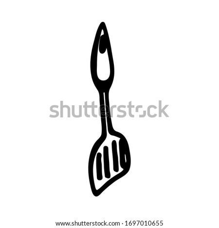 Kitchen spatula. Ink and pen drawing. Black thin lines on a white background. Vector illustration in doodle style. A quick sketch for culinary and restaurant design.