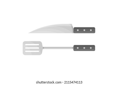 Kitchen spatula and knife for cooking turning slicing food vector flat illustration. Cuisine cutlery equipment for meal preparation isolated. Steel stainless chef chopper dining spoon with holes