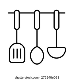 Kitchen spatula, ladle and big spoon icons for cooking hanging on a wall mounted rack. Utensil silhouettes of cookware.  Editable stroke
