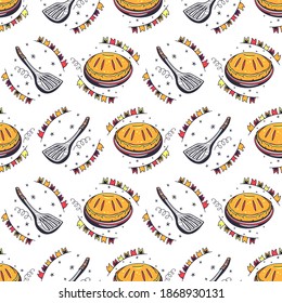Kitchen spatula and pie. Seamless pattern on a white background. Cute vector illustration.