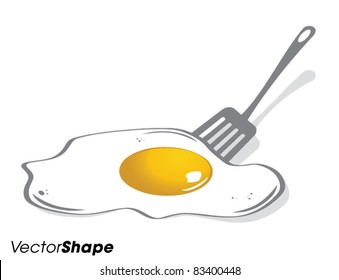 Kitchen spatula with raw egg on white surface, vector illustration