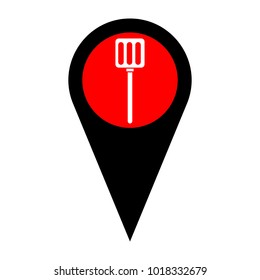 Kitchen spatula sign illustration. Vector. Flat white icon in red circle at black marker on white background. Isolated.