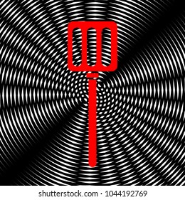 Kitchen spatula sign illustration. Vector. Red icon on white and black radial interference as background.