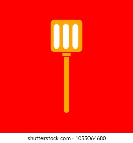Kitchen spatula sign illustration. Vector. Orange icon with white holes if exist at red background. Isolated.