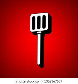 Kitchen spatula sign illustration. Vector. Perspective view of white icon with black outline at reddish background.