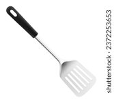 Kitchen Spatula Stainless steel isolated on white background. A silver metal cooking spatula with black handle. Realistic 3D vector illustration. Kitchen utensils for cooking, tableware