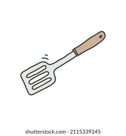 Kitchen spatula tool for mixing and frying food ingredients, hand drawn sketch vector illustration isolated on white background. Food preparation instrument.