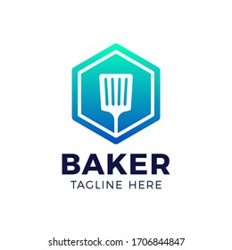The kitchen spatula vector mark against the background of the hexagon. Vector sign for a cooking show. 