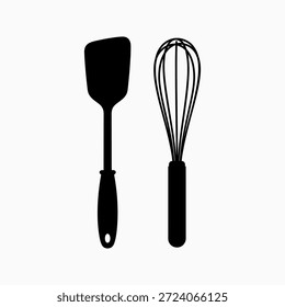 Espátula de cocina y icono de Vector de silueta de batidor. Utensilios de cocina Diseño gráfico.