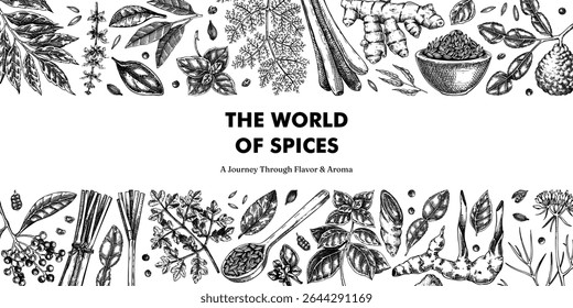 Kitchen spice background. Hand drawn basil, galangal, cumin, turmeric, lemongrass, lime sketches. Hand drawn herbsframe. Food design. NOT AI generated