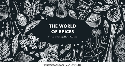 Fundo de tempero de cozinha em estilo de esboço. Projeto de quadro de ervas aromáticas. Manjericão, galangal, cominho, açafrão, grama-limão, limão desenhado à mão desenhada ilustração vetorial.  NÃO gerado AI
