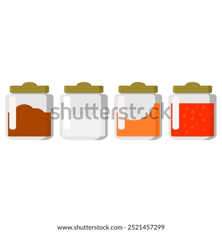 kitchen spice bottles. flavoring bottle. bottles of brown sugar, salt, chili powder, chili sauce, sugar, shrimp paste, pepper, spices. food, kitchen, cooking and recipes themes. vector illustration.