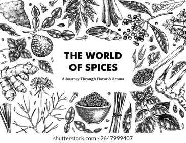 Kitchen spice frame design. Hand-drawn vector illustration. Herbs banner. Vintage food background in sketch style. NOT AI generated