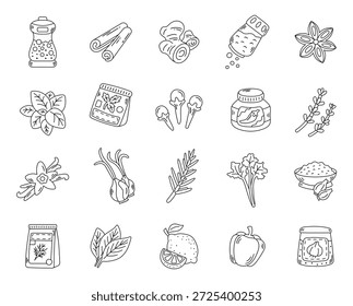 Ingrediente de especias de cocina establecido en el arte de la línea de contorno con hierbas condimentos salsas y Elementos aromáticos para cocinar proyectos de alimentos culinarios, perfecto para su ilustración