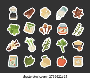 Ingrediente de especias de cocina en estilo escandinavo con hierbas, condimentos, salsas y Elementos aromáticos para cocinar proyectos culinarios de alimentos, perfecto para su ilustración