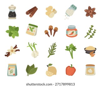 Ingrediente de especias de cocina en estilo escandinavo con hierbas, condimentos, salsas y Elementos aromáticos para cocinar proyectos culinarios de alimentos, perfecto para su ilustración