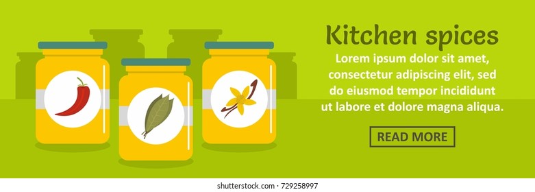 Kitchen spices banner horizontal concept. Flat illustration of kitchen spices banner horizontal vector concept for web design