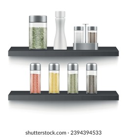 Kitchen spices in glass can on black shelves seasoning cooking ingredient in container realistic vector illustration. Culinary condiments salt pepper and herbs aroma fragrance arrangement on shelf