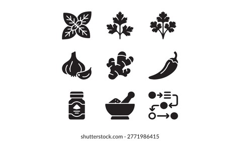 Kitchen spices herbs and culinary ingredients icons with culinary, ingredients