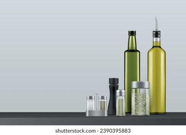 Kitchen spices herbs oil seasonings for cooking food banner with copy space realistic vector illustration. Cuisine condiment for prepare salt pepper dry flavor ingredient bottle container promo poster