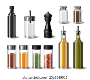 Kitchen spices realistic icons set with salt pepper and seasonings on white background isolated vector illustration