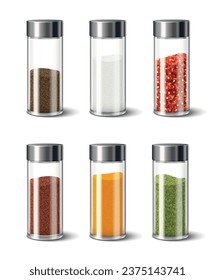 Kitchen spices realistic icons set with different seasoning dispensers isolated vector illustration