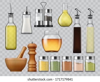 Kitchen spices and seasonings dispensers, salt and paper shakers in holder, vector realistic mockups. Cooking oil and sauce bottle with nozzle, herbs shaker, mortar and pestle, glass jugs and pitchers