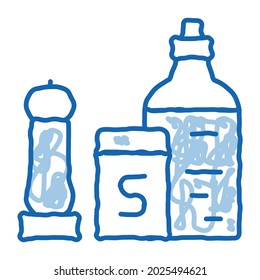 vector de icono de esbozo de especias de cocina. Señal de especias de cocina de la línea de doodle azul dibujada a mano. ilustración de símbolo aislado