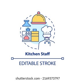 Icono de concepto de personal de cocina. Ilustración de delgada idea abstracta del personal del restaurante. Chefs y cocineros calificados. Dibujo de contorno aislado. Trazo editable. Fuentes Arial, Myriad Pro-Bold utilizadas