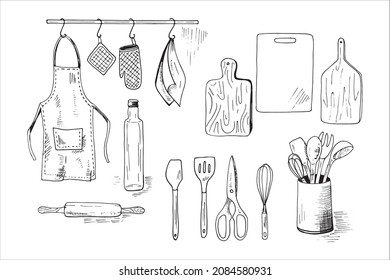 Kitchen staff. Han-drawn illustrations. Set of vector sketches.