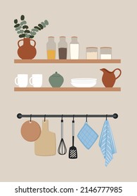 Kitchen staff on two shelves and hanger. Bowls, bottles, dishes, jags. Kitchen interior vector illustration card