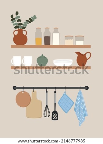 Kitchen staff on two shelves and hanger. Bowls, bottles, dishes, jags. Kitchen interior vector illustration card