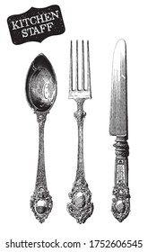 Kitchen staff set. Silverware. Vintage spoon, knif and fork. Utensils set.  Vector collection hand drawn illustration with kitchen tools. Chef and cooking ware, cooking stuff for menu decoration.