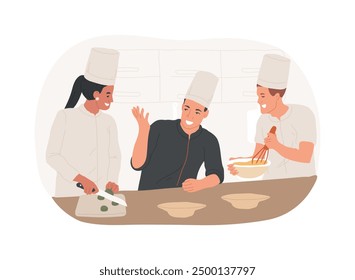 Kitchen staff training isolated cartoon vector illustrations. Chef conducts a master class for a group of restaurant staff, service sector, horeca business, professional people vector cartoon.