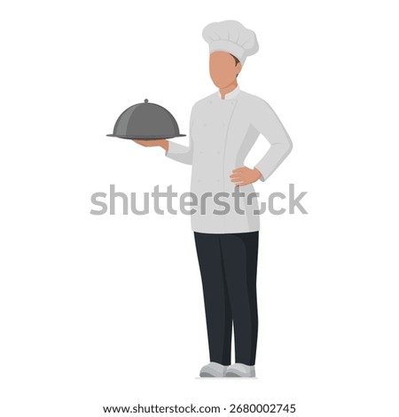 Kitchen staff worker posing on white background: confident female chef holding a tray with lid and standing