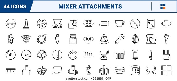 Kitchen stand mixer attachment line icon set covering attachments, appliance, baking, and tools concepts, thin linear illustration.