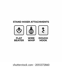 Kitchen Stand Mixer Attachments Icon Set. Mixer Accessories. Flat Beater. Wire Whip. Dough Hook.