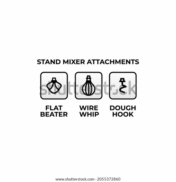 Kitchen stand mixer attachments\
icon set. Mixer accessories. Flat beater. Wire whip. Dough\
hook.