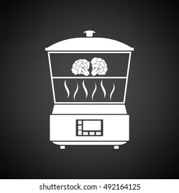Kitchen steam cooker icon. Black background with white. Vector illustration.